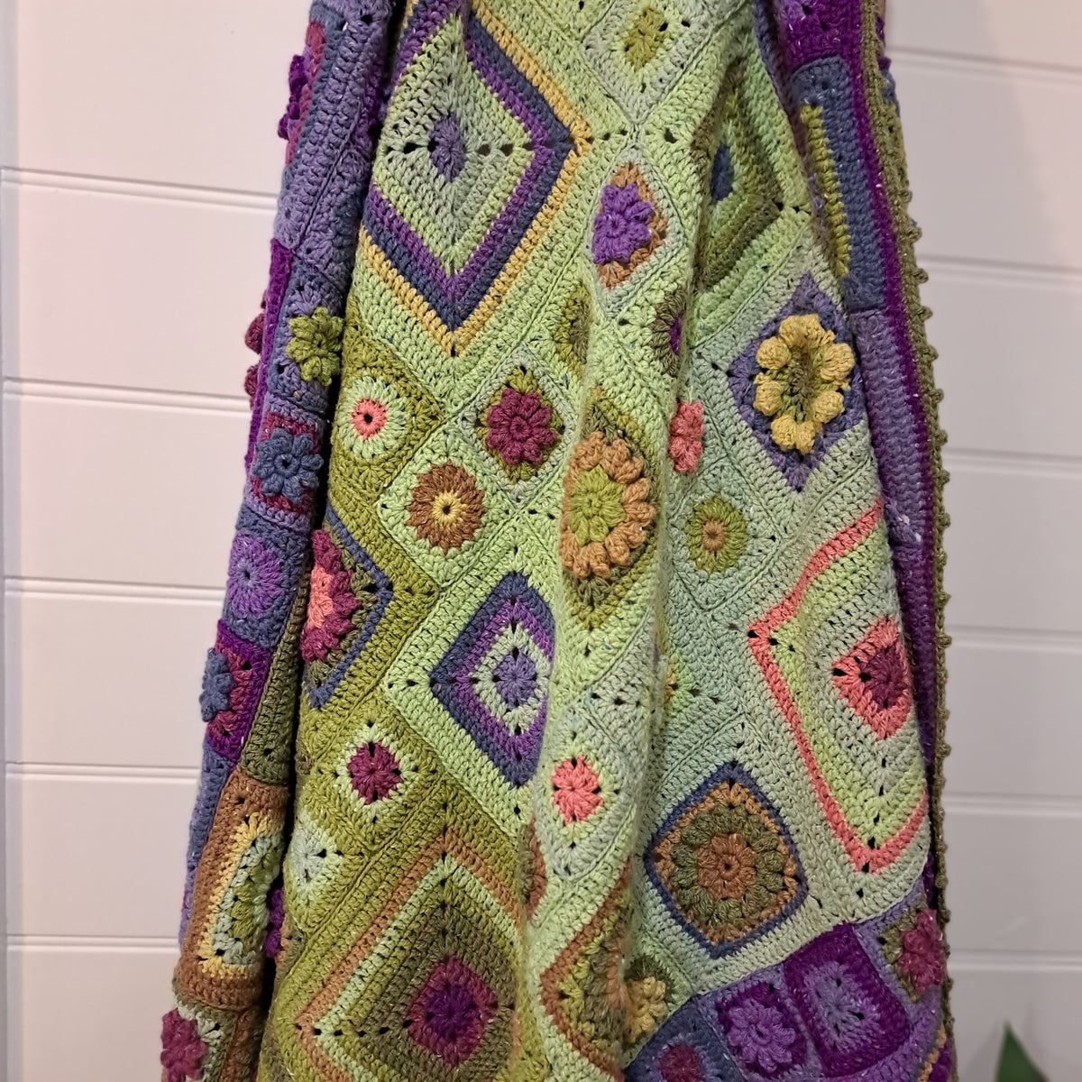 Handmade Crochet blanket throw granny square green purple