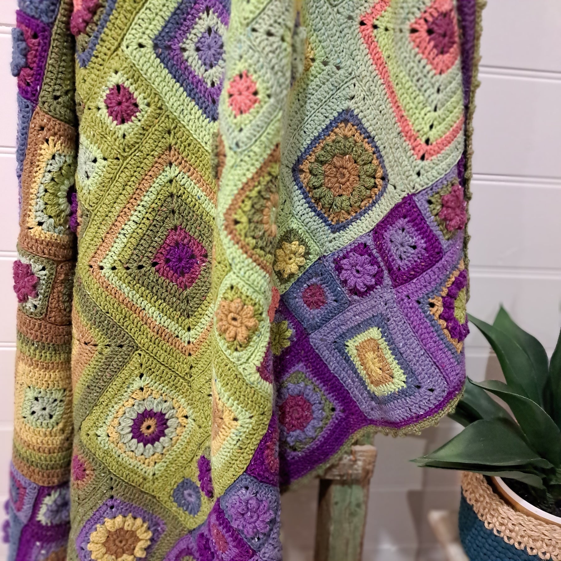 Handmade Crochet blanket throw granny square green purple