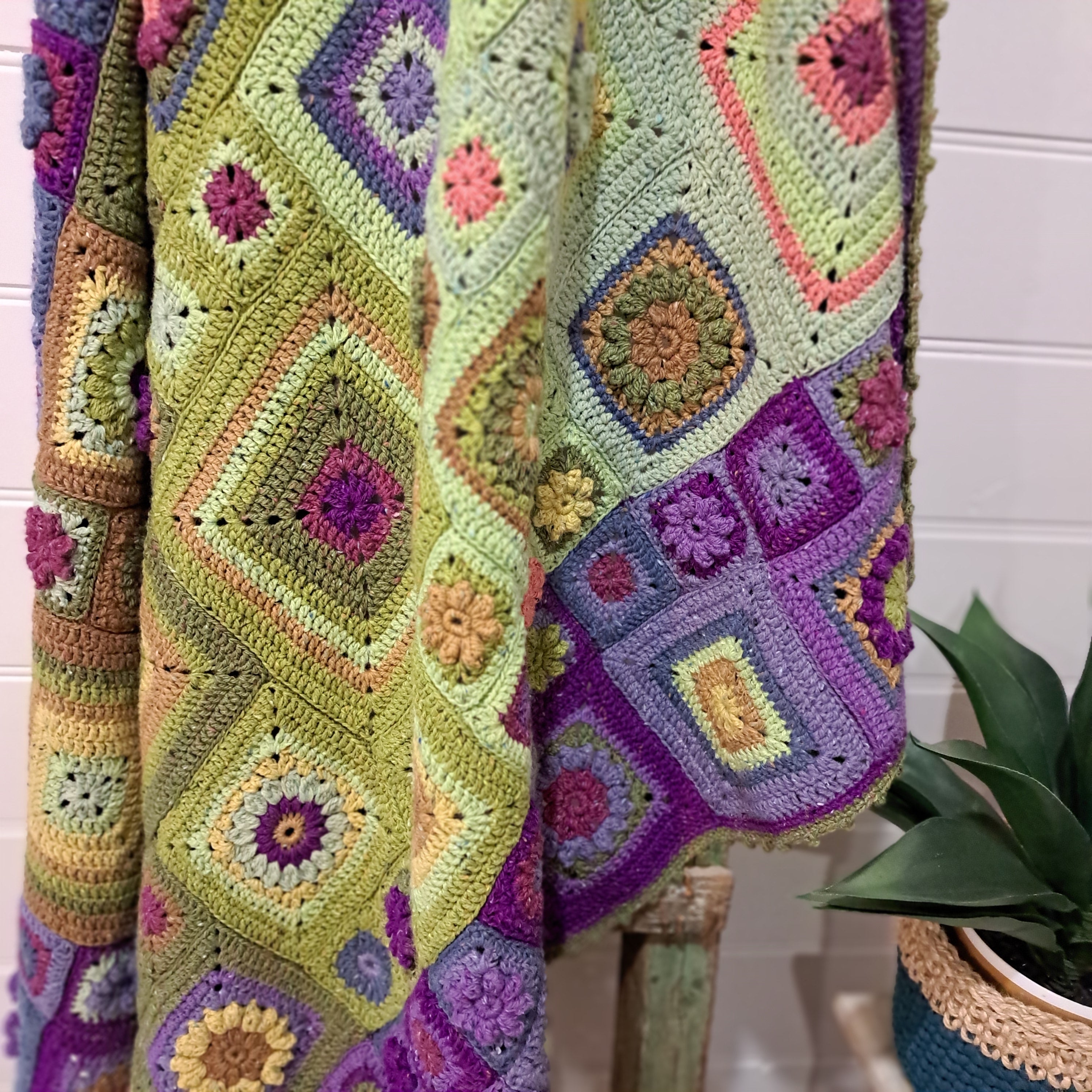 Handmade Crochet blanket throw granny square green purple