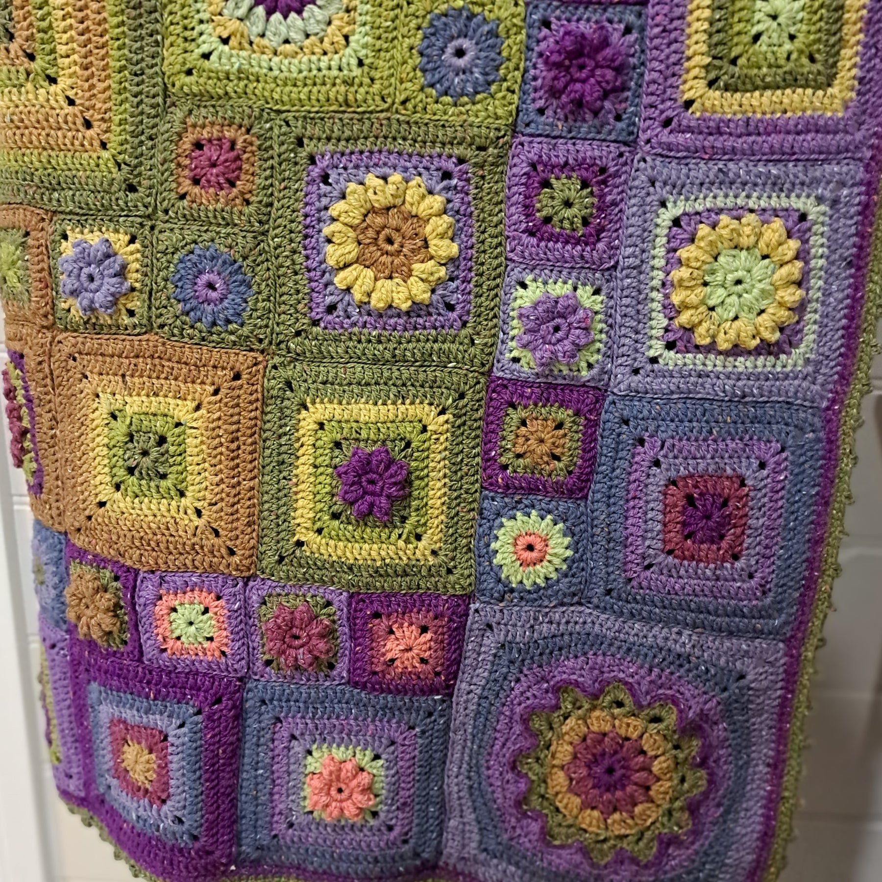 Handmade Crochet blanket throw granny square green purple