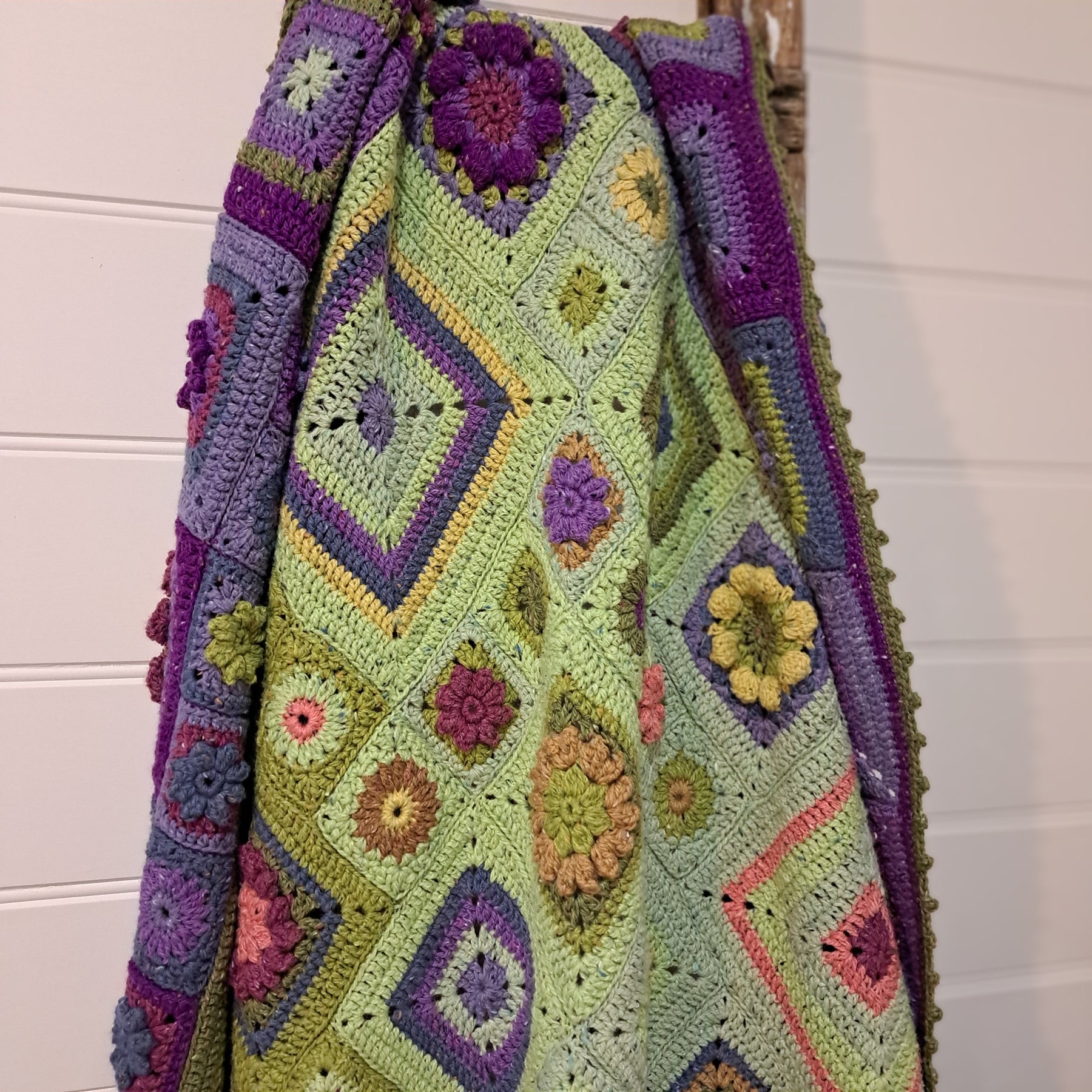 Handmade Crochet blanket throw granny square green purple
