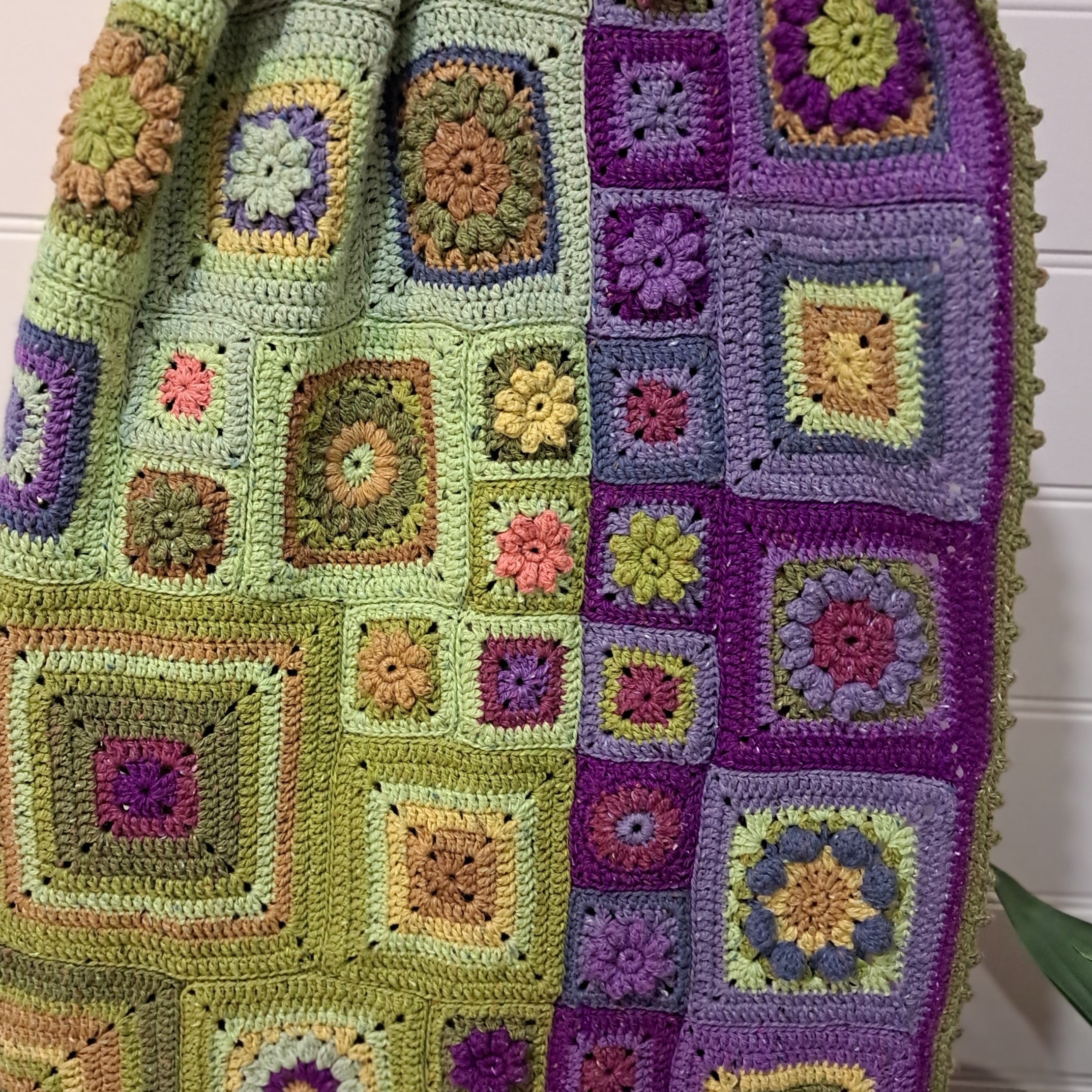 Handmade Crochet blanket throw granny square green purple