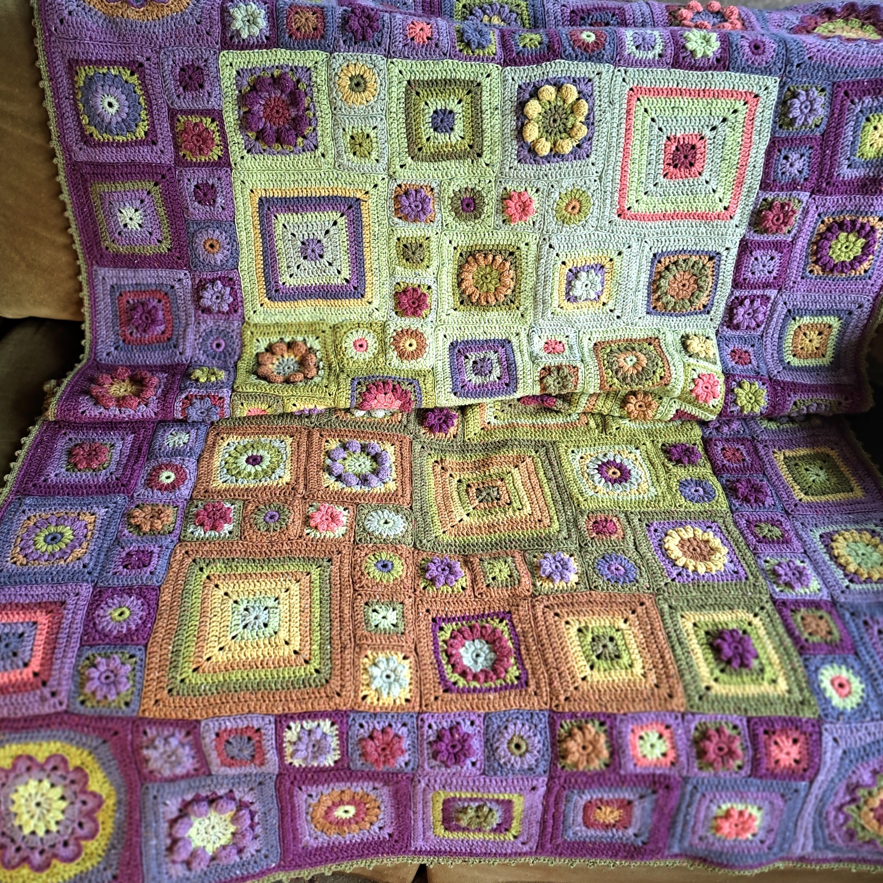 Handmade Crochet blanket throw granny square green purple