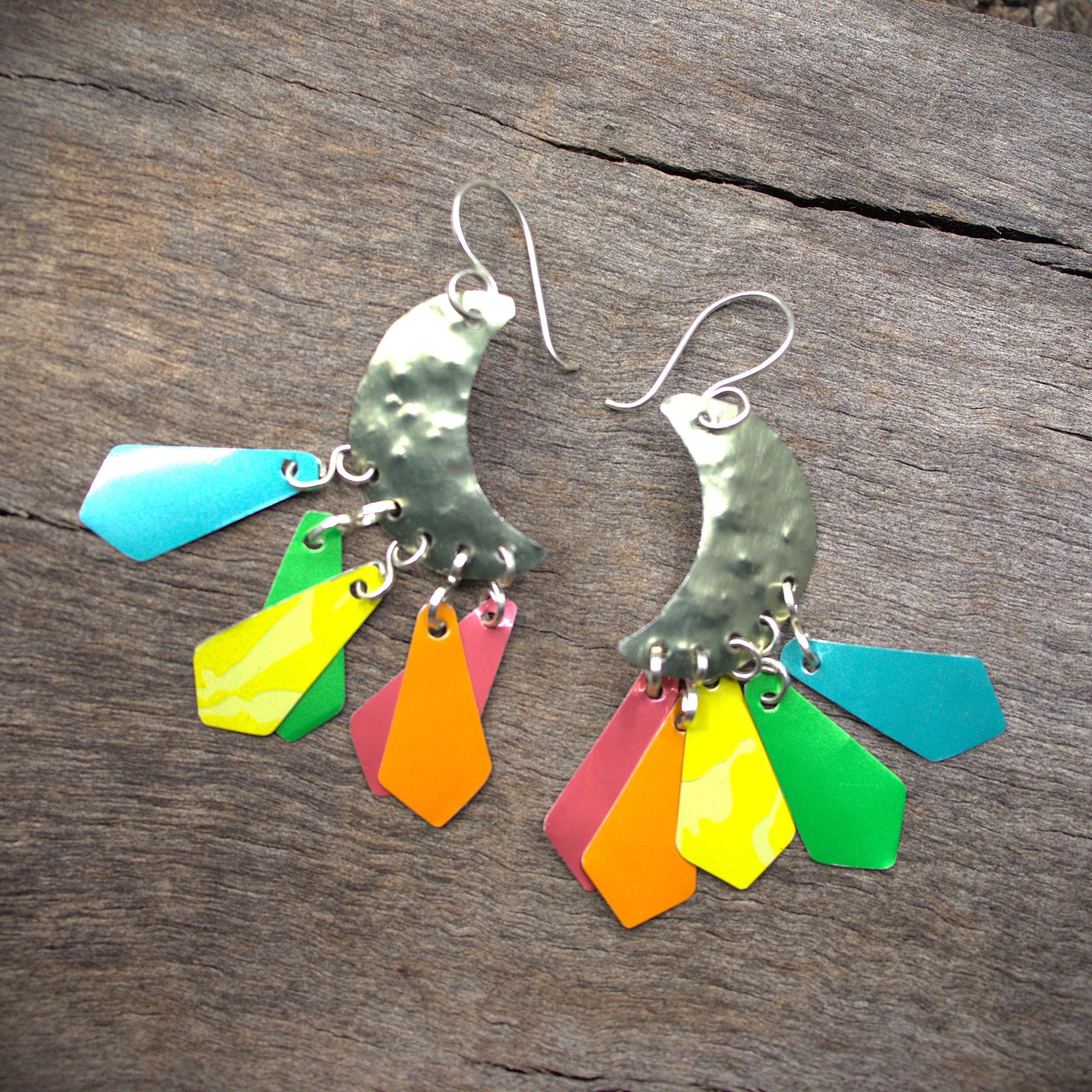 Rainbow Moon Earrings - upcycled materials