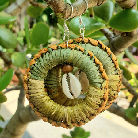 Handmade raffia, cowrie shell earrings
