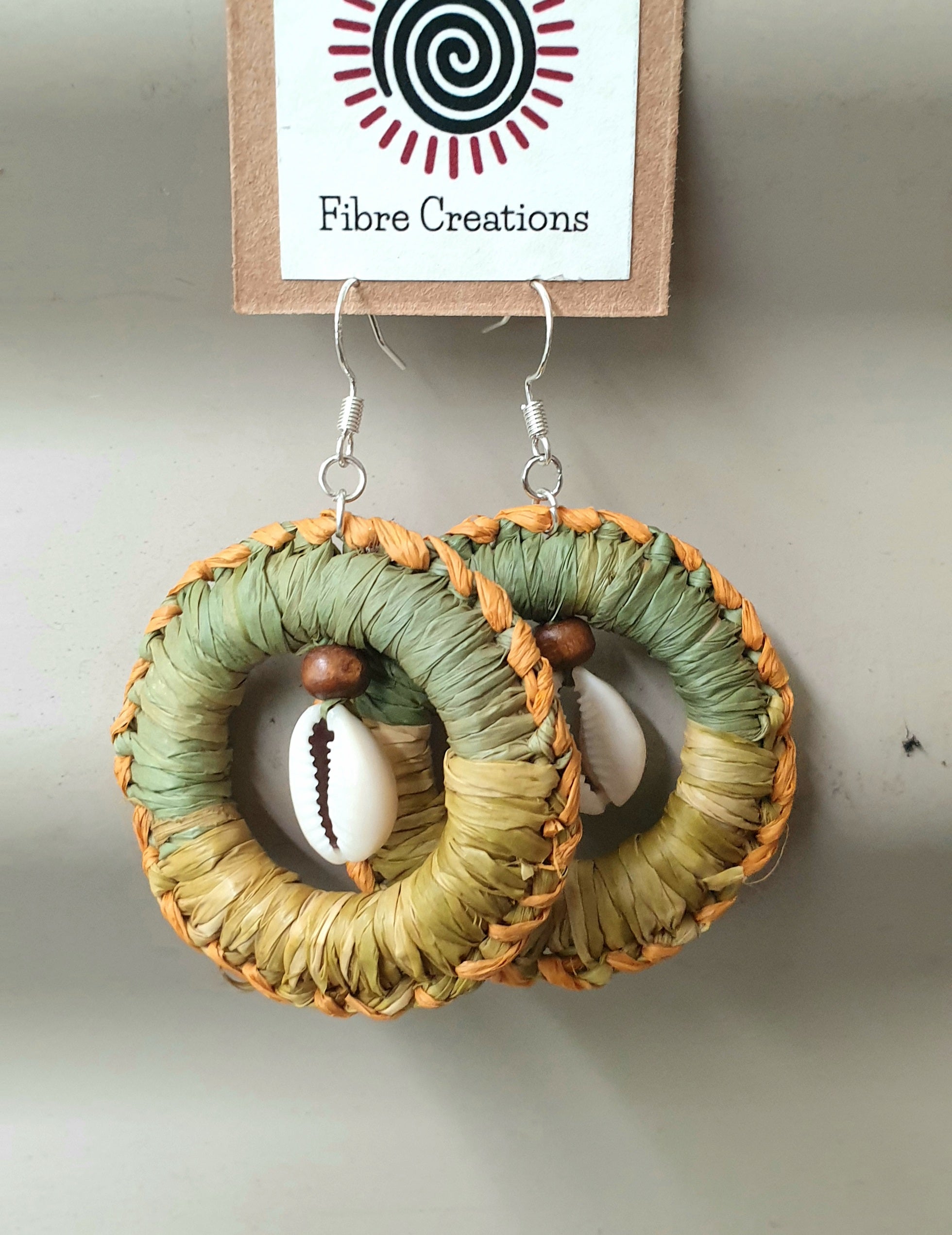 Handmade raffia, cowrie shell earrings