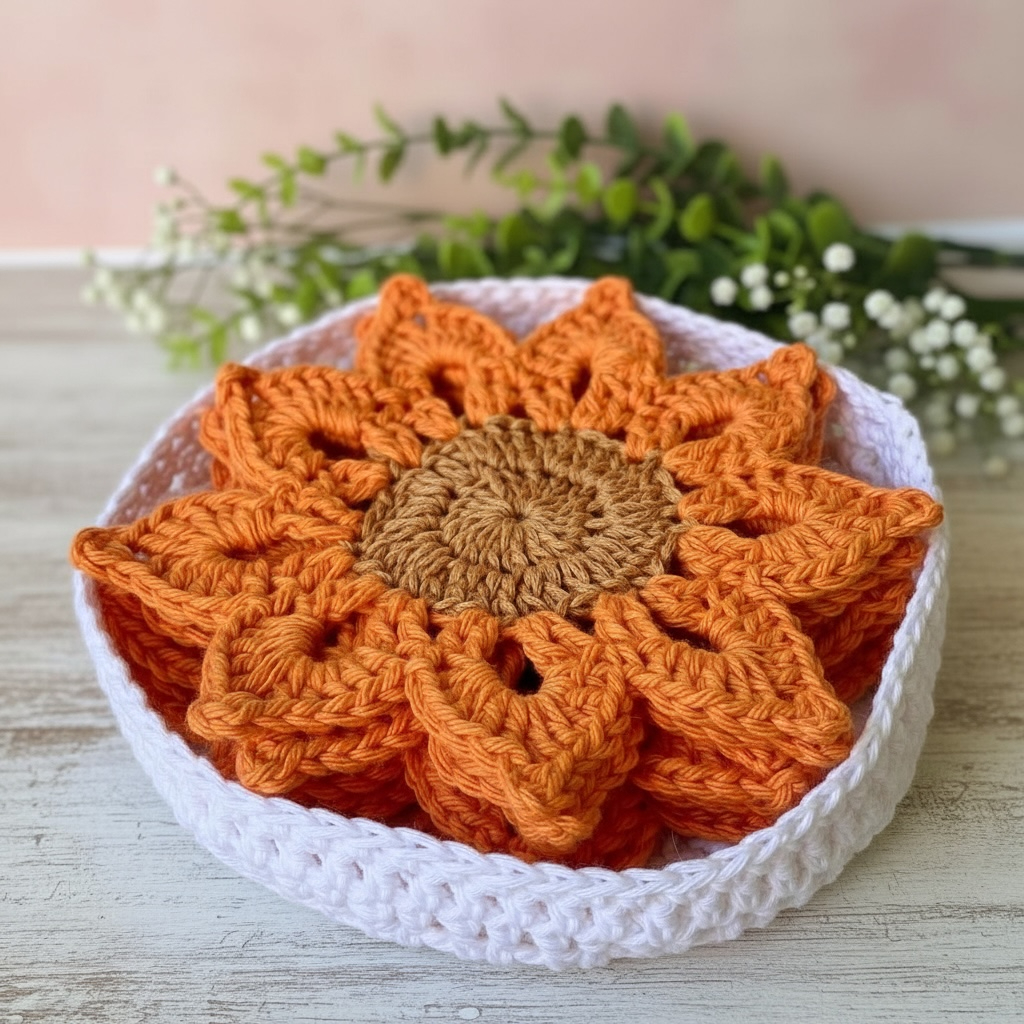 Crochet Sunflower Coasters with Holder | Handmade Flower Boho Table Decor | Reusable Cotton Coasters | Gift for her