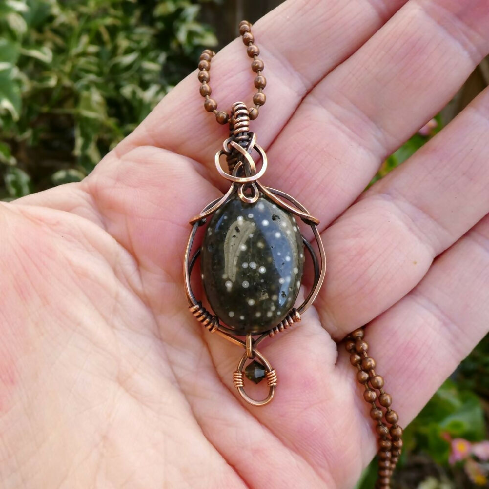 Dark green Ocean Jasper pendant copper wire wrapped