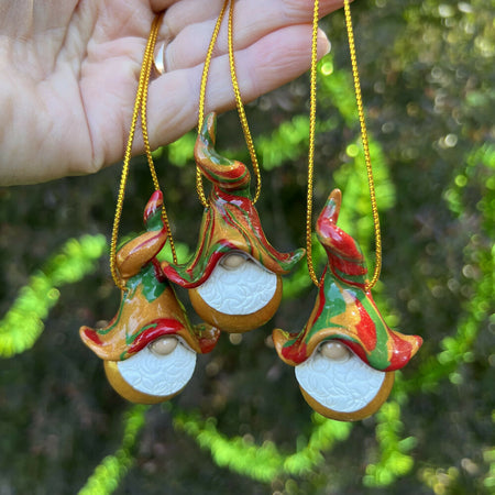 Gnome Christmas baubles trio - red, gold, green (gold bottoms)