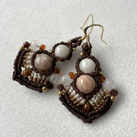 Moonstone & Chocolate Micro Macrame Earrings +Free Microfiber Pouch