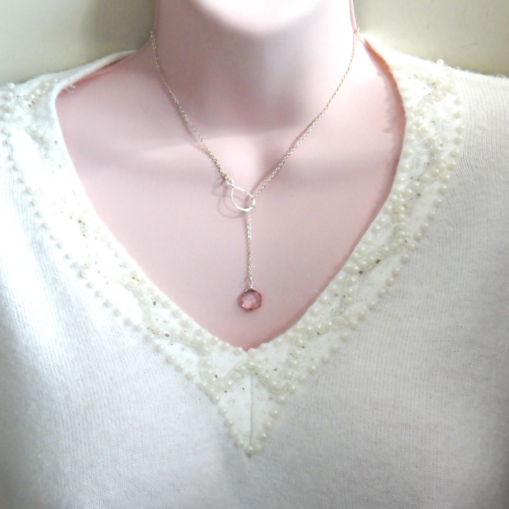 Pink Grapefruit Quartz Infinity Lariat Sterling Silver