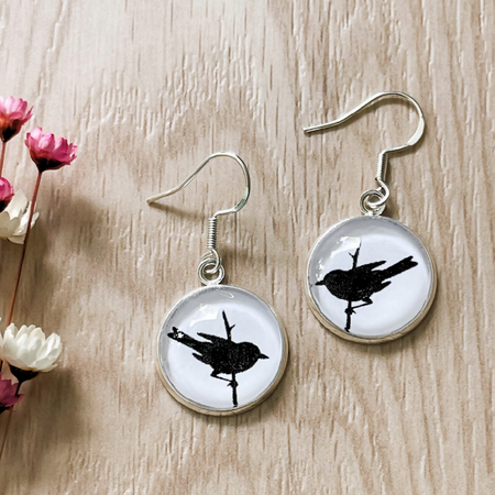 Bird Earrings with a Curious Black Crow • Choose hooks, studs or clip ons