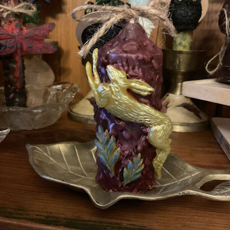 The Hare Intention Ritual Spell Altar Beeswax Pillar Candle Gold Burgundy