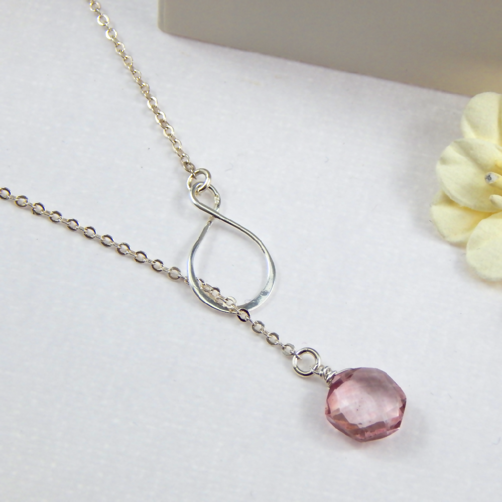 Pink Grapefruit Quartz Infinity Lariat Sterling Silver