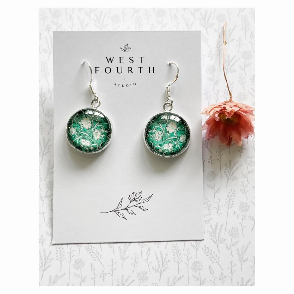 Green Earrings made with Paper and Glass