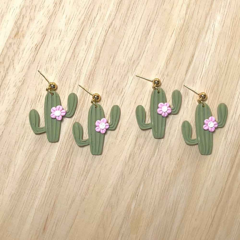 Polymer Clay Earrings - Cactus with Pink Flower