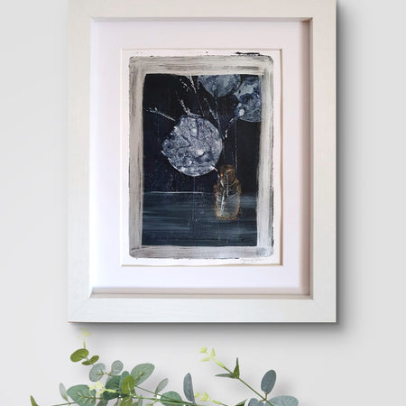 Leaves in vase, 3 | Acrylic monoprint on paper | Original framed artwork | A5