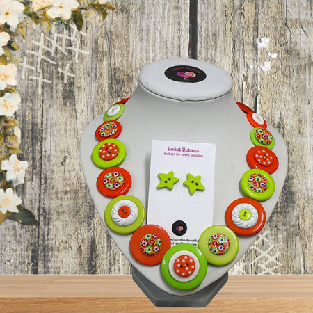 Button necklace and earrings - Orange Flowers