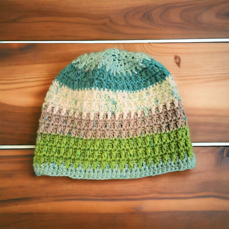 Handmade Crocheted Green Teal Striped Beanie
