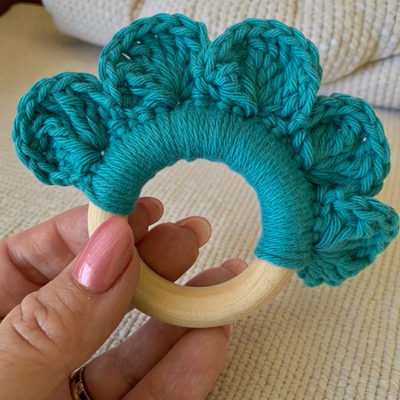 Crochet Wooden Teething Ring – Handmade Baby Teether – Natural Wood & Soft Yarn – Baby Shower Gift