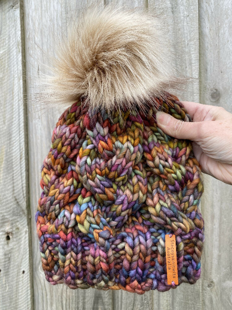 Ladies Beanie, Knitted Rainbow PomPom Beanie