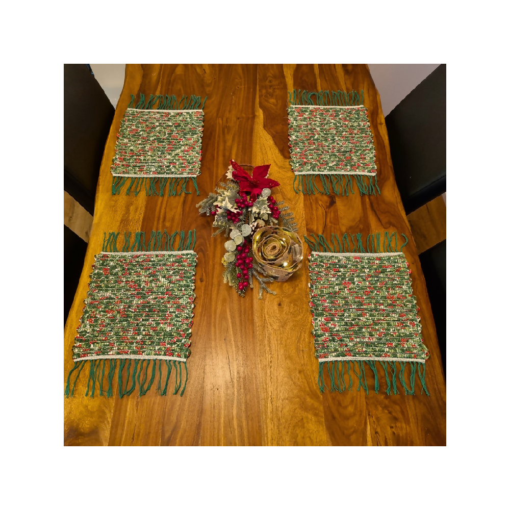 Handwoven placemats 100% cotton holly set of 4 Christmas decor