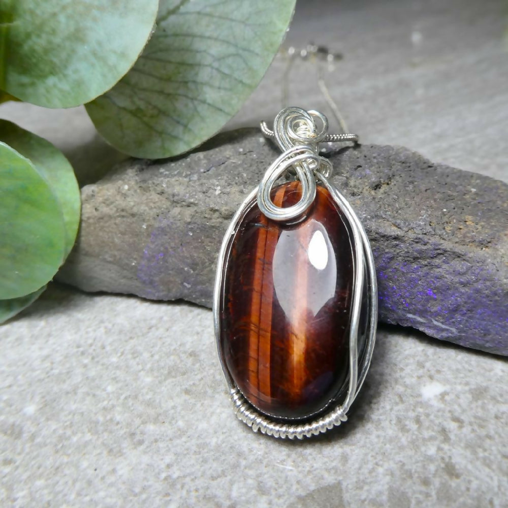 Red Tiger Eye pendant Sterling silver filled wire wrapped