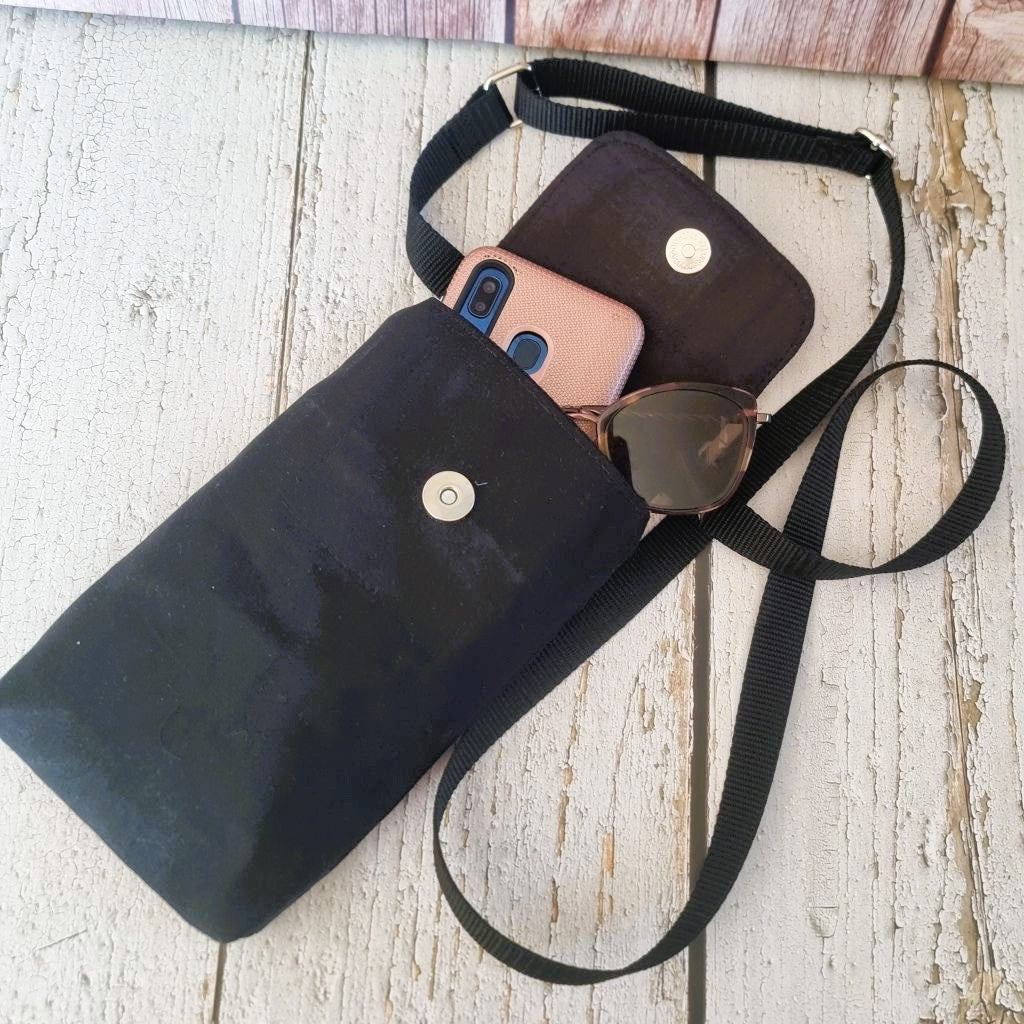 Upcycled handmade medium phone messenger bag - black & white daisies