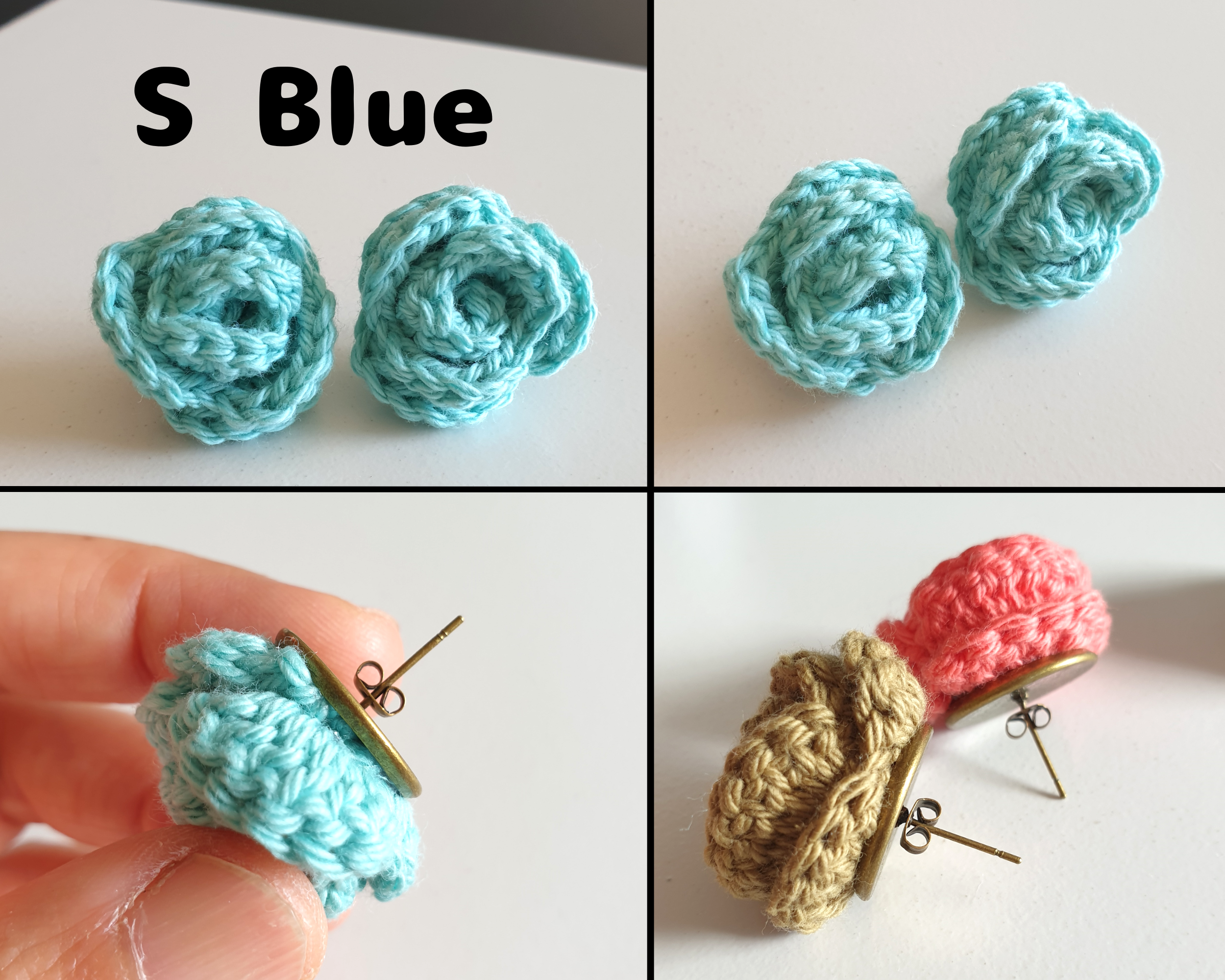 Small Hand Knitted Small Crochet Rose Flower Stud earrings : Blue White Gray