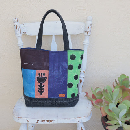 Tote Bag, Hand Dyed with upcycled denim and stenciled motifs