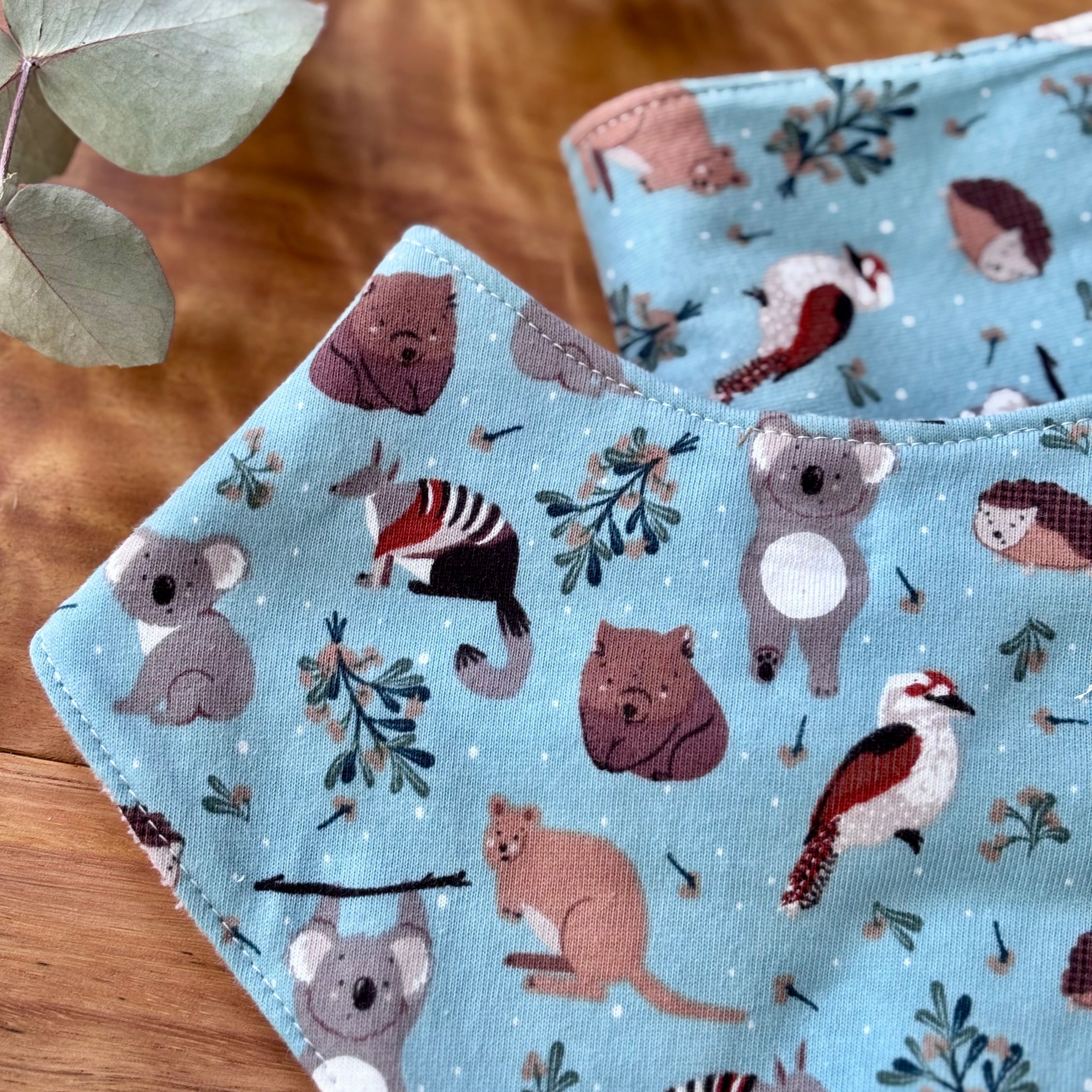 Baby Bib and Burp Cloth Set - Light Blue Aussie Animals