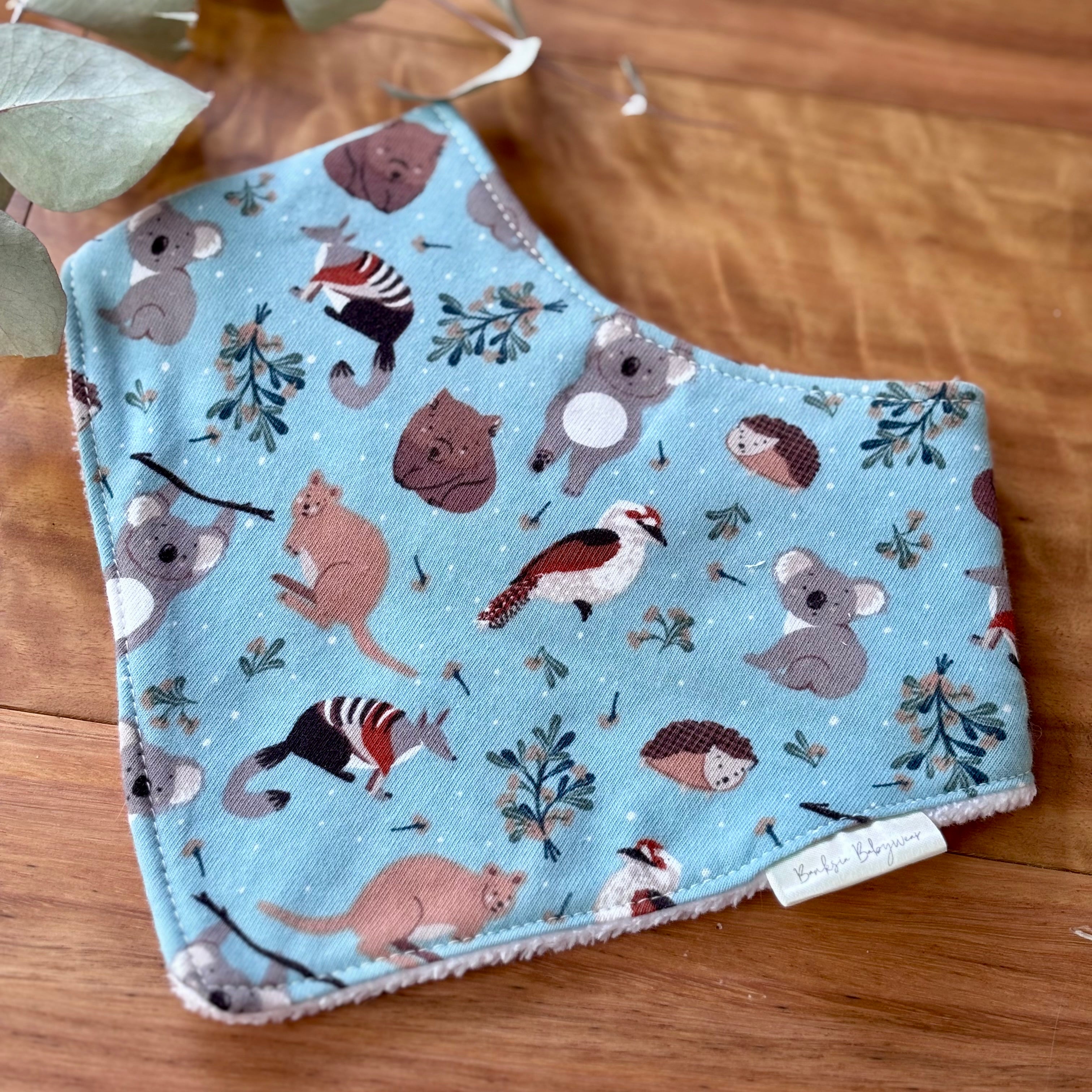 Baby Bib and Burp Cloth Set - Light Blue Aussie Animals