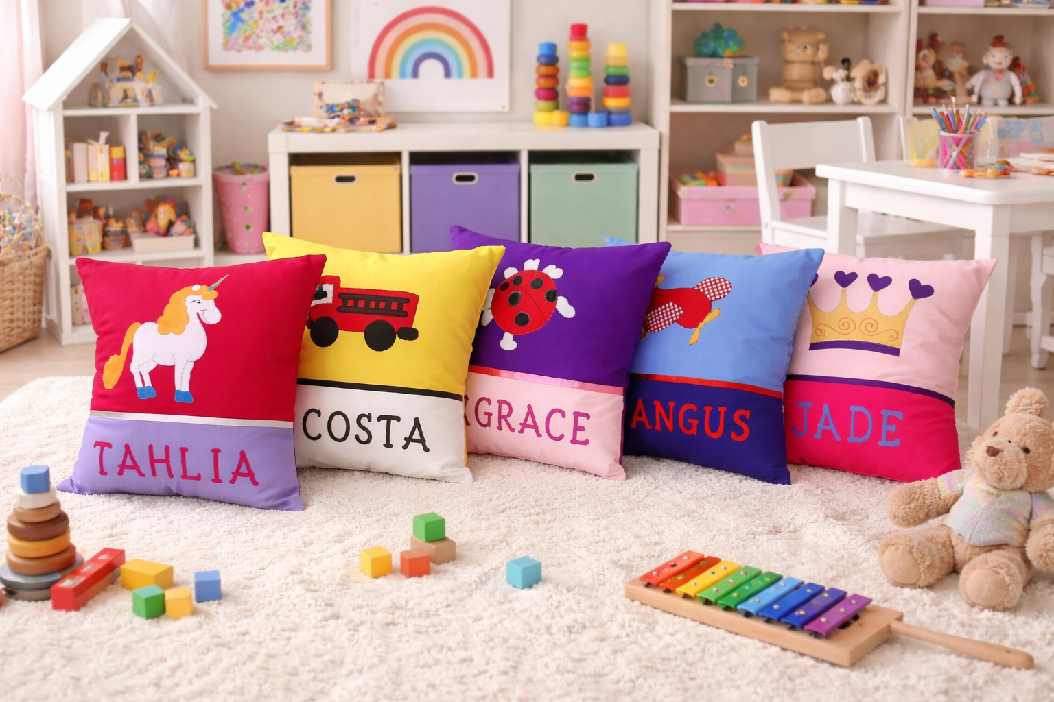 Personalised Kids Cushion | Custom Name Pillow | Handmade Applique Cushion | Nursery Decor - Train