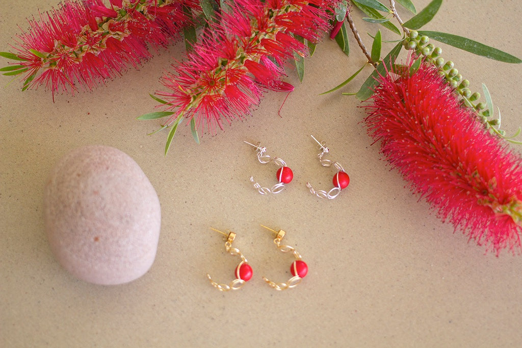 Gold or Silver Wire Loop Stud Earrings With Red Gemstones | Festive Earrings