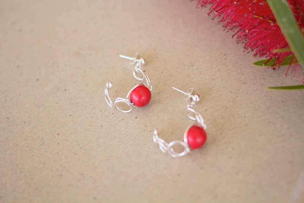 Gold or Silver Wire Loop Stud Earrings With Red Gemstones | Festive Earrings