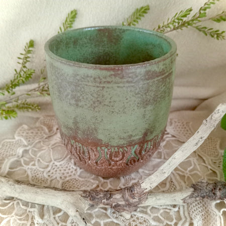 Ceramic tumbler in rustic teal green and rich brown
