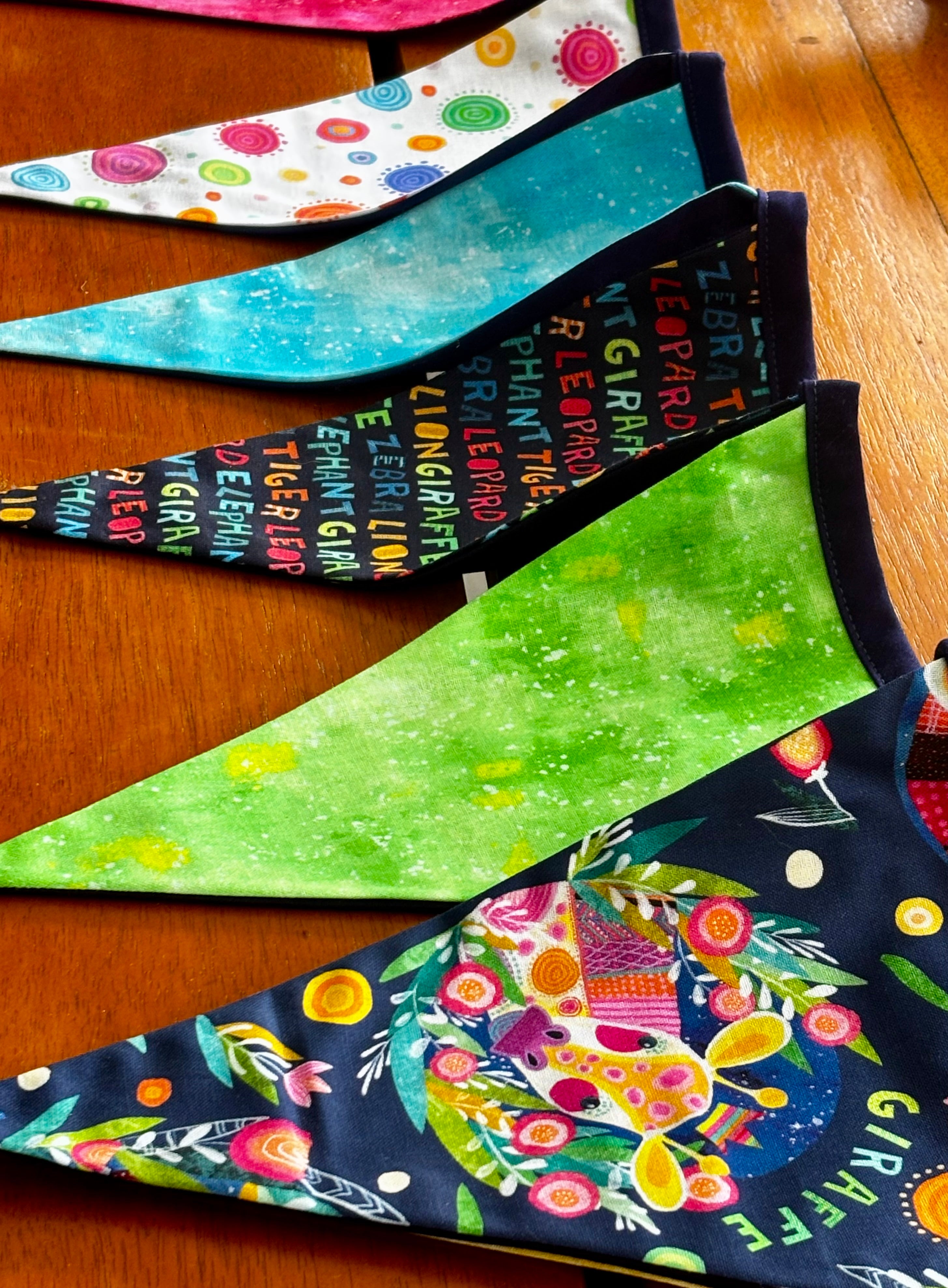 Party Time sustainable 12 flag bunting double sided with blue backing and binding