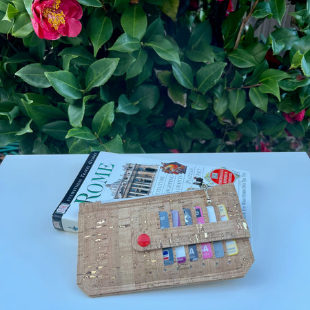 Purse Pal Wallet - Natural rustic Portuguese Cork with gold flecks (& orangey/red snap)