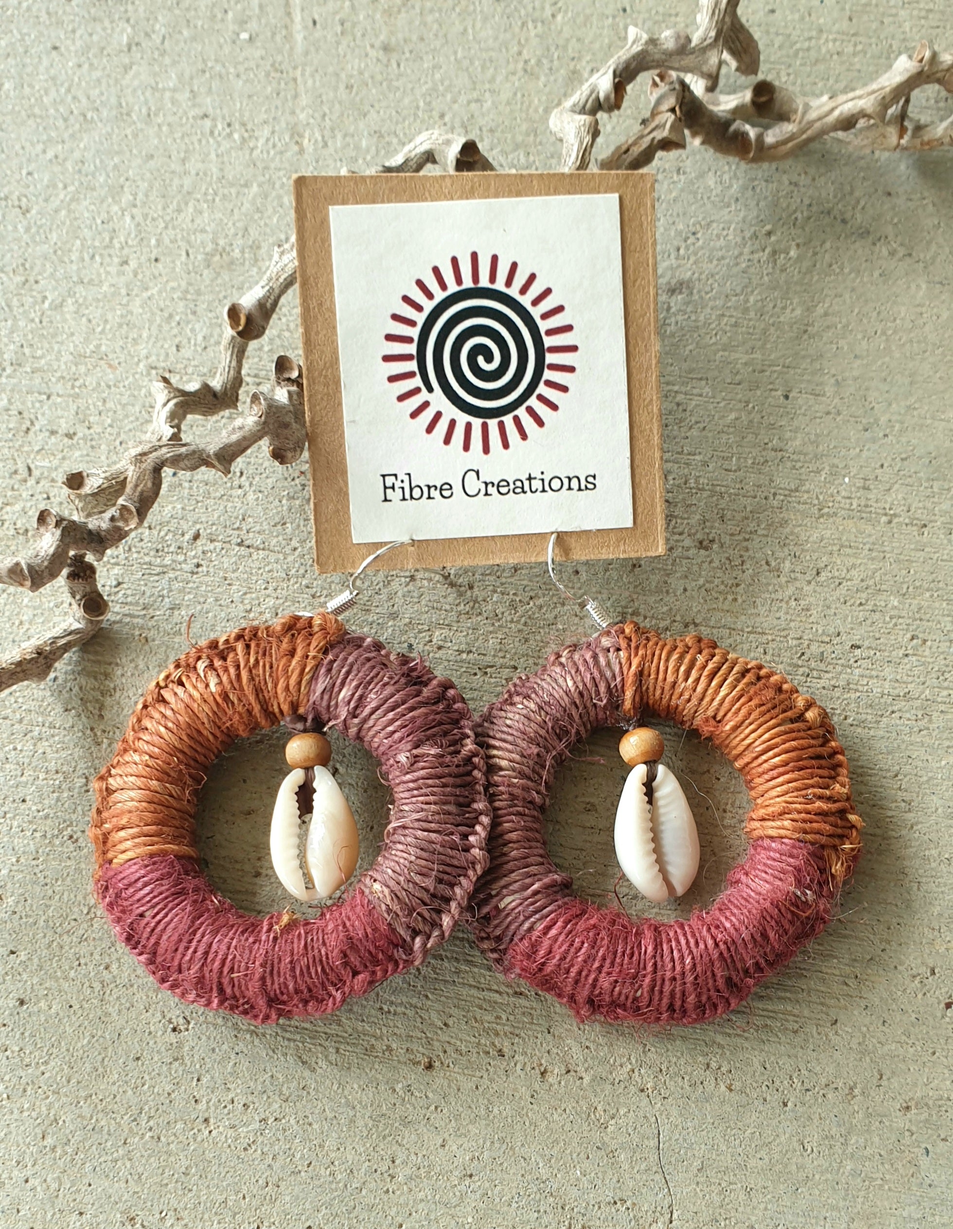 Handmade raffia, cowrie shell earrings