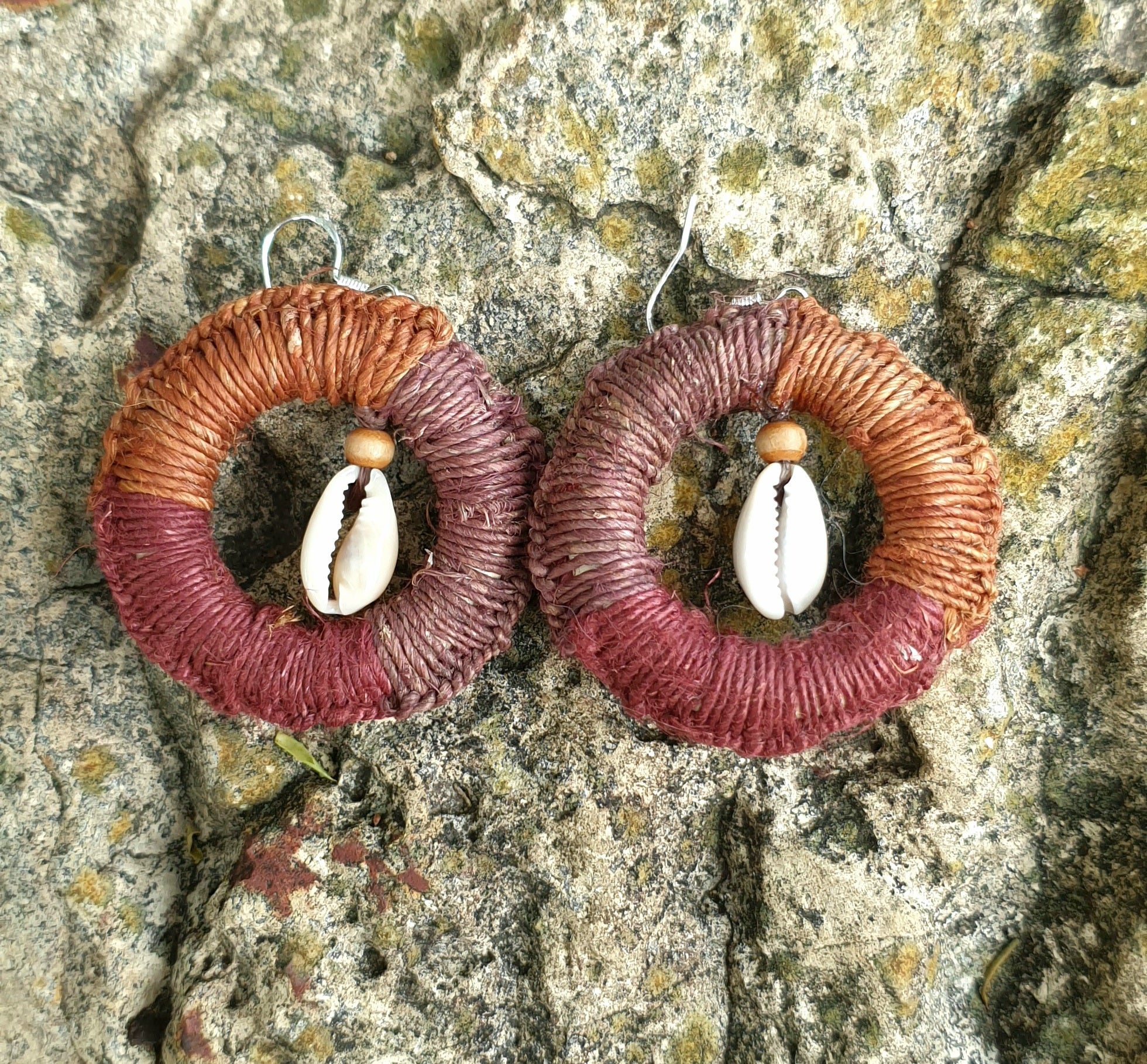 Handmade raffia, cowrie shell earrings