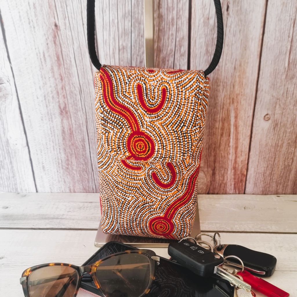 Upcycled small phone messenger bag - Indigenous print - orange & brick red