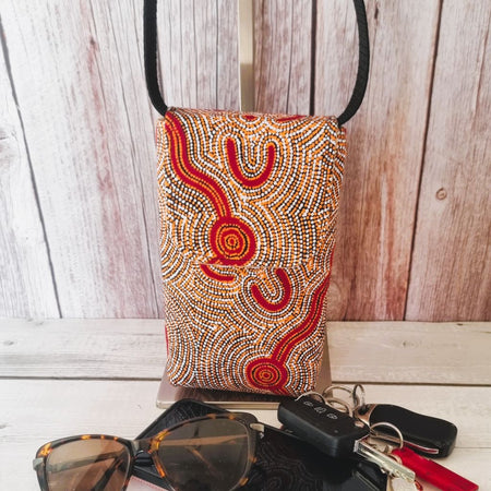 Upcycled small phone messenger bag - Indigenous print - orange & brick red
