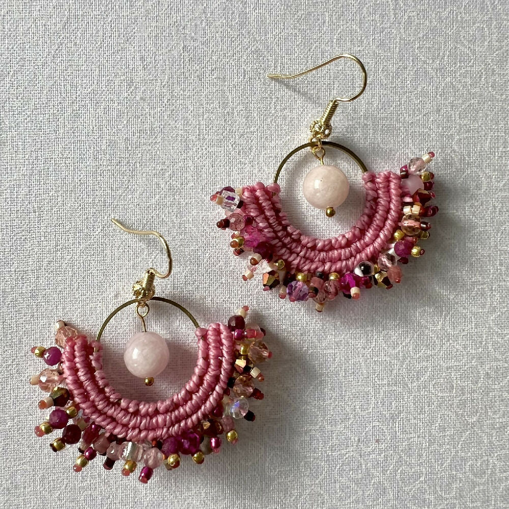 Pink Shades Micro Macrame Earrings gemstone +Free Microfiber Pouch