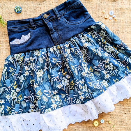 Girls Skirt Upcycled Denim Australian flannel flowers and wattles size 12
