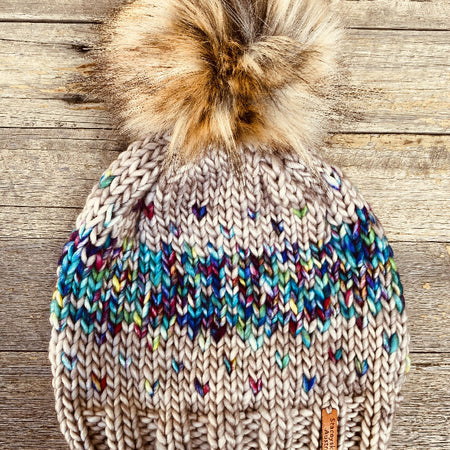 Ladies Beanie, Beige Rainbow Merino Pompom Beanie,