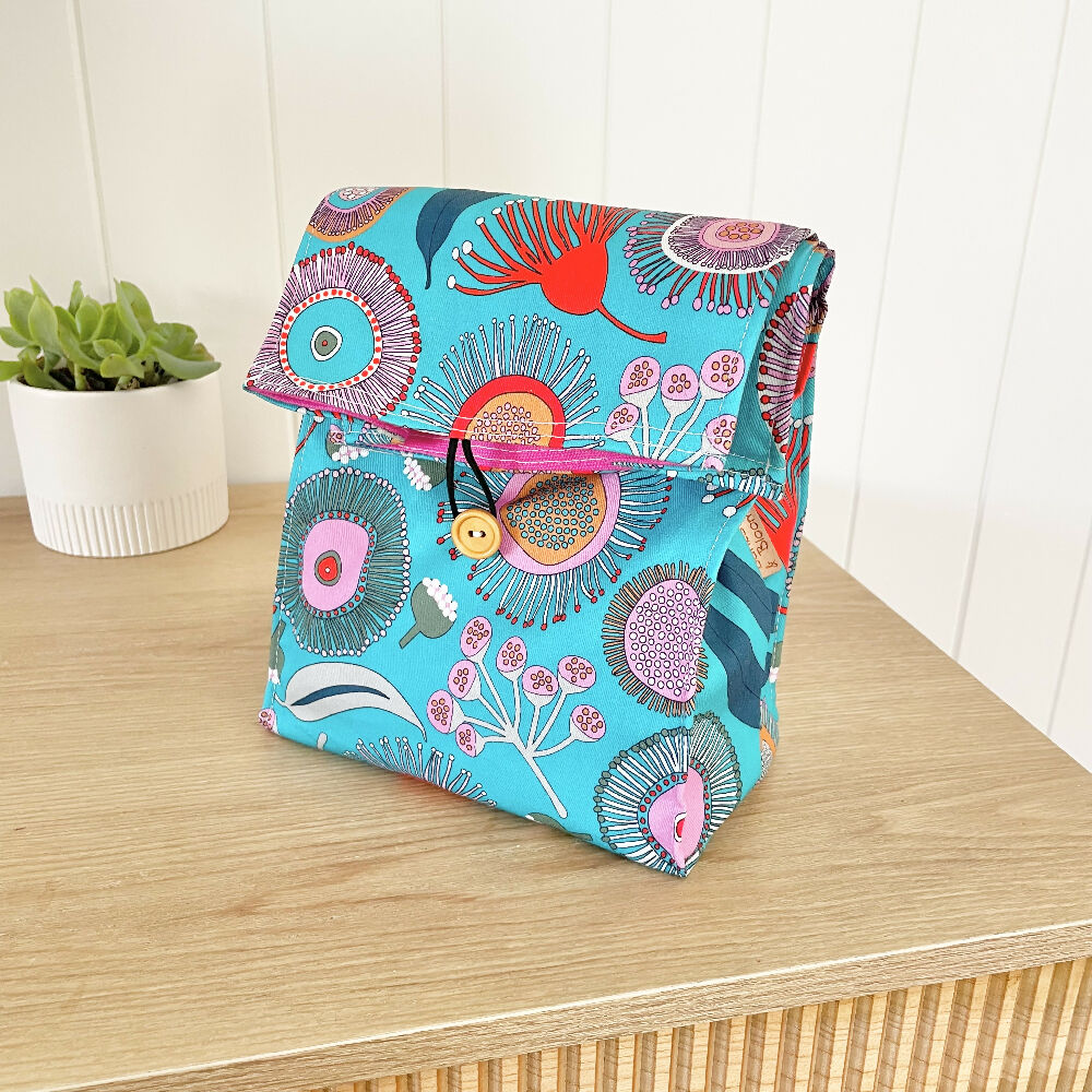 Lunch Bag Cotton Canvas~ Reusable, Fold Over~ Blossoms Blue