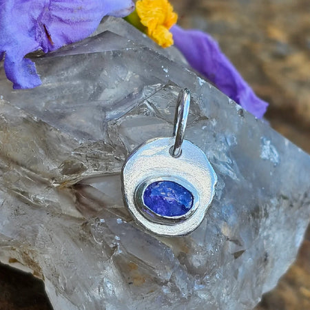 Tanzanite Sterling Silver Hammered Pebble Pendant