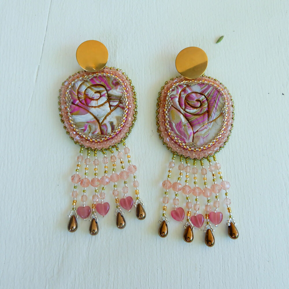 Pink Crystal & Polymer Clay Statement Earrings "Crystal Rose"
