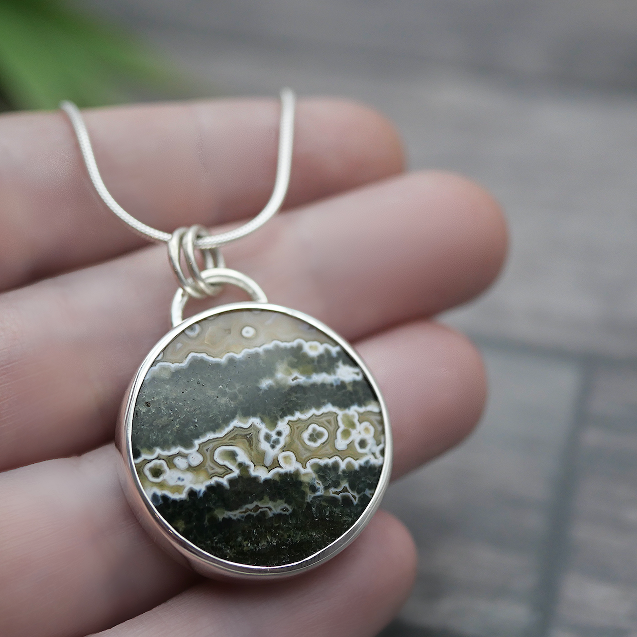 Handmade Ocean Jasper Pendant - Sterling Silver Gemstone Pendant with Chain