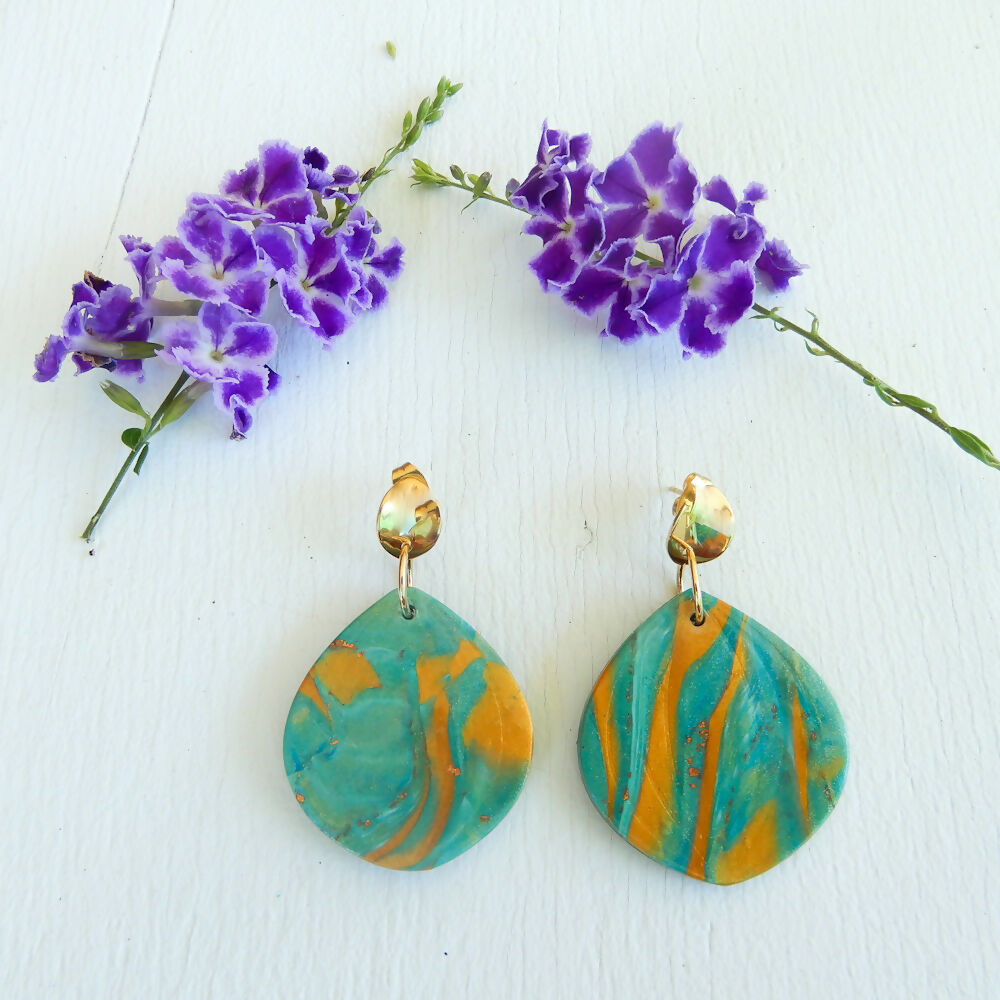 Teal and Gold Polymer Clay Earrings "JoJo"